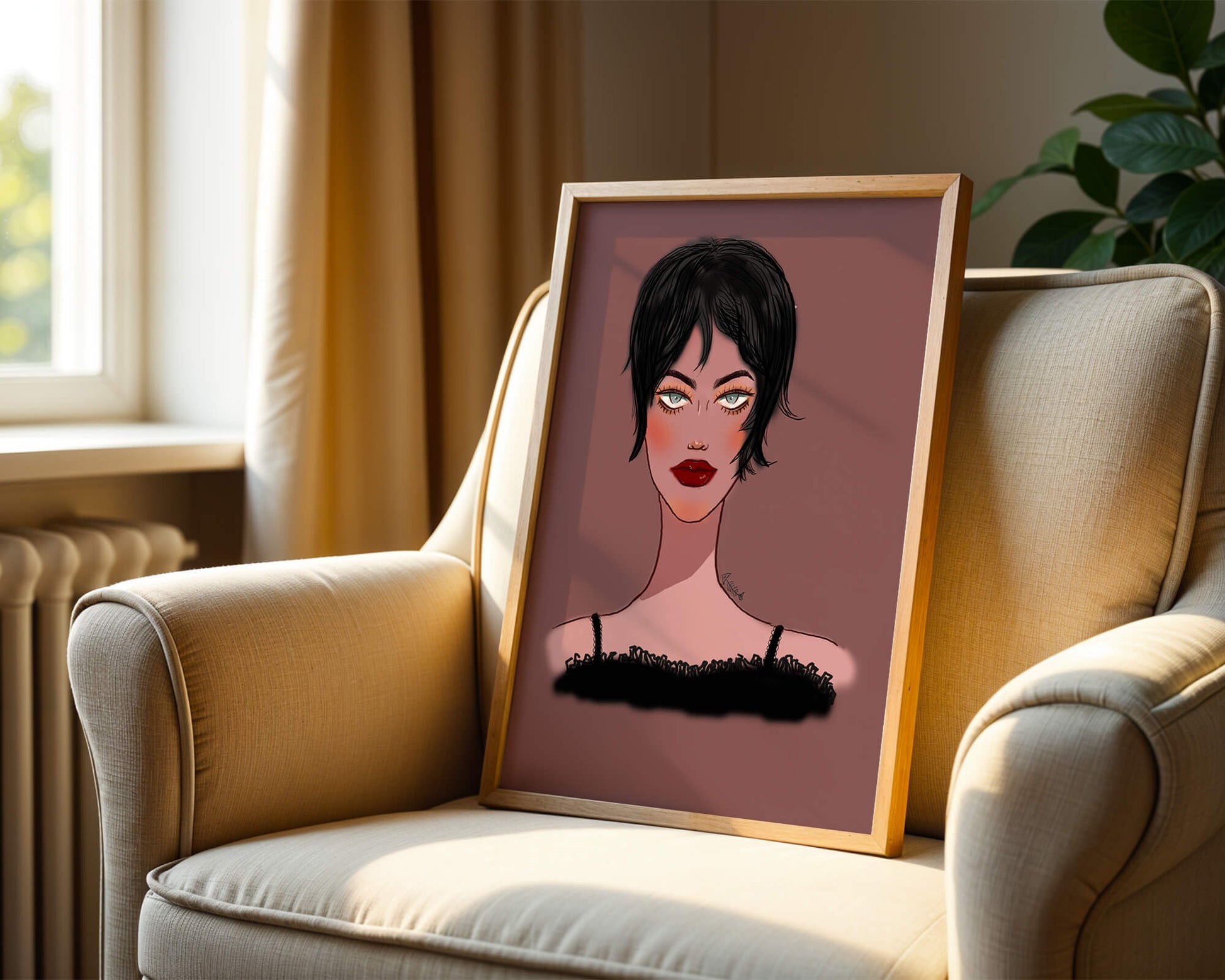 Illustration of a woman with short black hair and striking makeup on a brown background