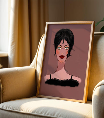 Illustration of a woman with short black hair and striking makeup on a brown background