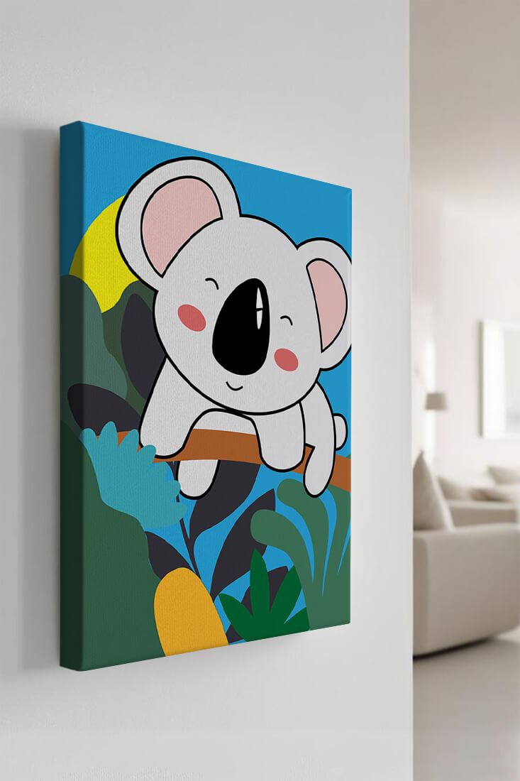 Charming illustrated koala on a branch with vibrant background