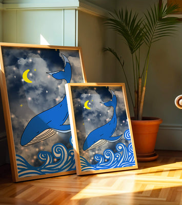 Whimsical blue whale in a starry night ocean scene