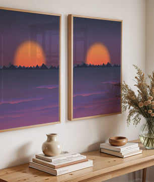 Sunset Over Mountains with Starry Sky