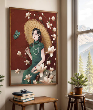 Mujer elegante con parasol y flores de magnolia sobre fondo rojo