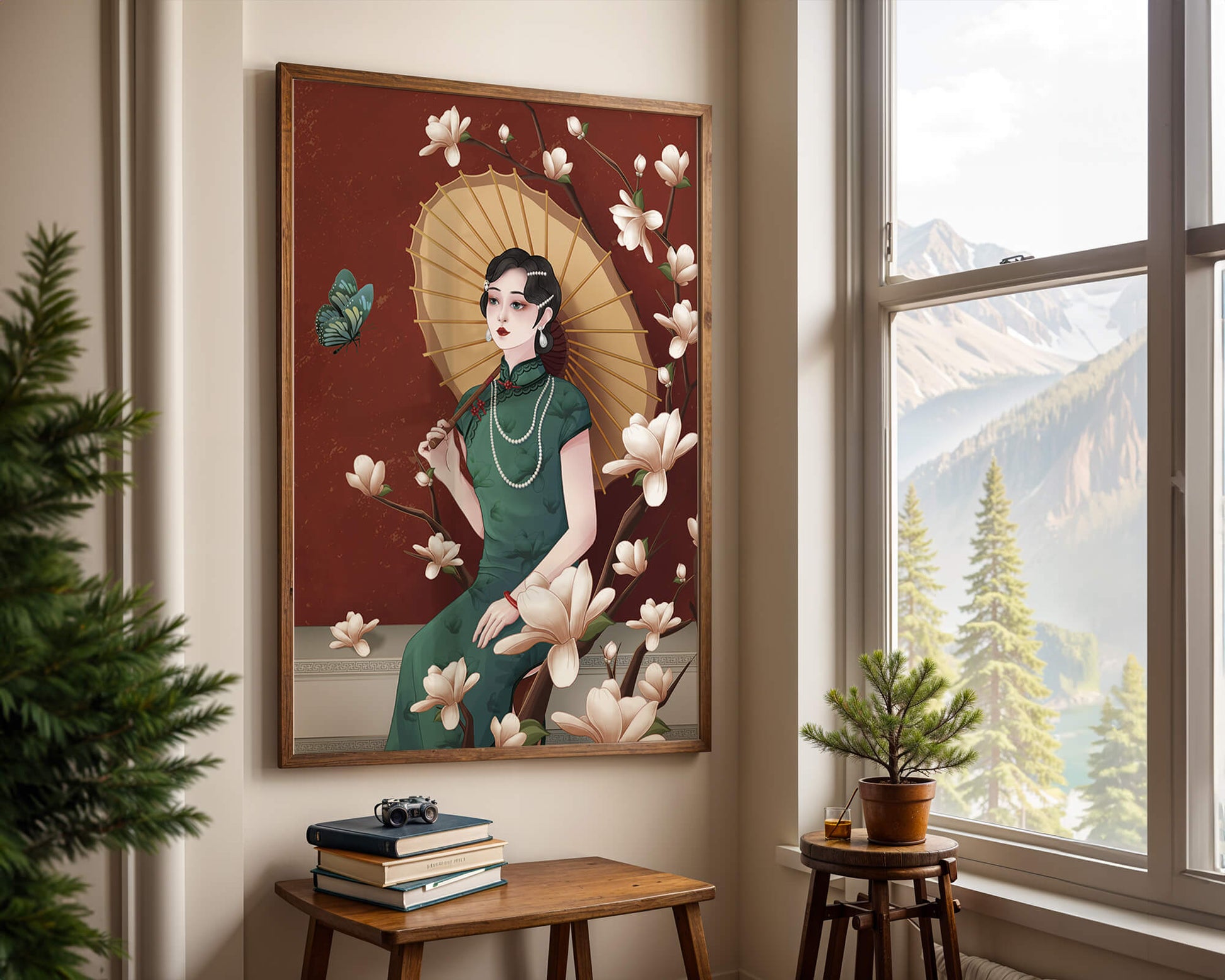 Mujer elegante con parasol y flores de magnolia sobre fondo rojo