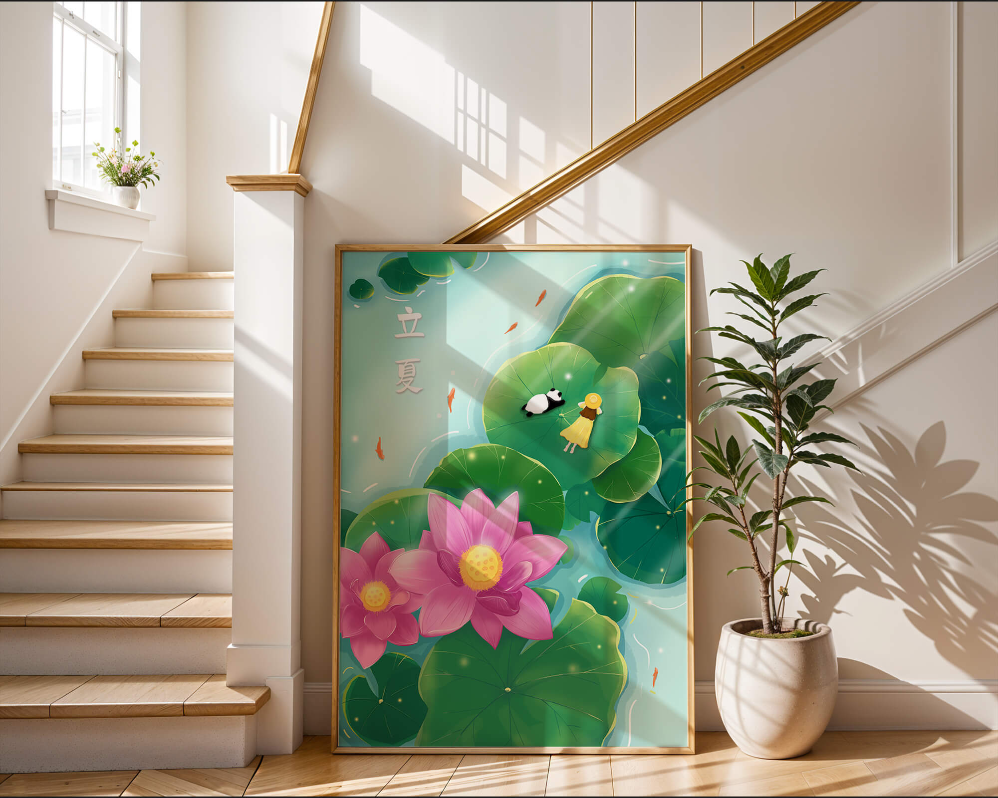 Girl and Panda Relaxing on Lily Pads with Pink Lotus and Goldfish