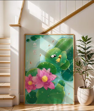 Girl and Panda Relaxing on Lily Pads with Pink Lotus and Goldfish