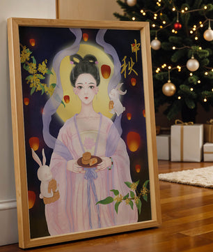 Mid-Autumn Festival Illustration with Moon Goddess and Rabbits