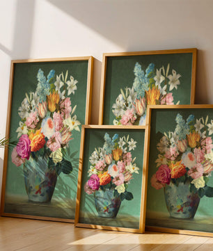 Floral arrangement in a decorative vase on a green background