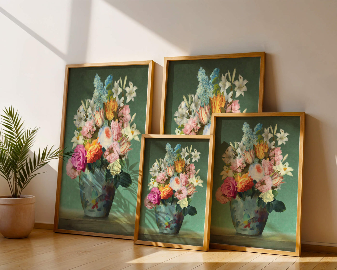 Floral arrangement in a decorative vase on a green background