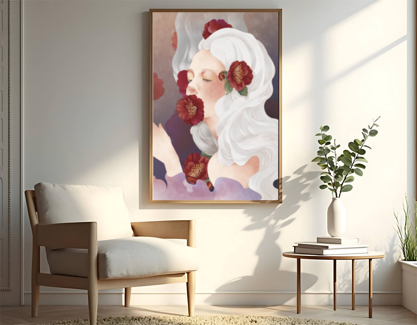 Dreamy Portrait of a Woman with White Hair and Red Flowers