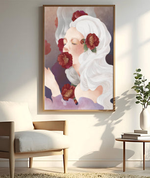 Retrato onírico de una mujer con cabello blanco y flores rojas