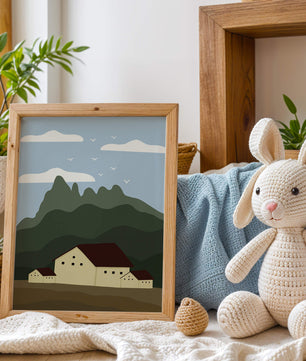 Paisaje minimalista de montaña con casas y pájaros en el cielo