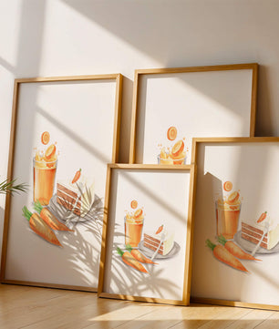Illustration von Karottenkuchen und Saft mit frischen Karotten
