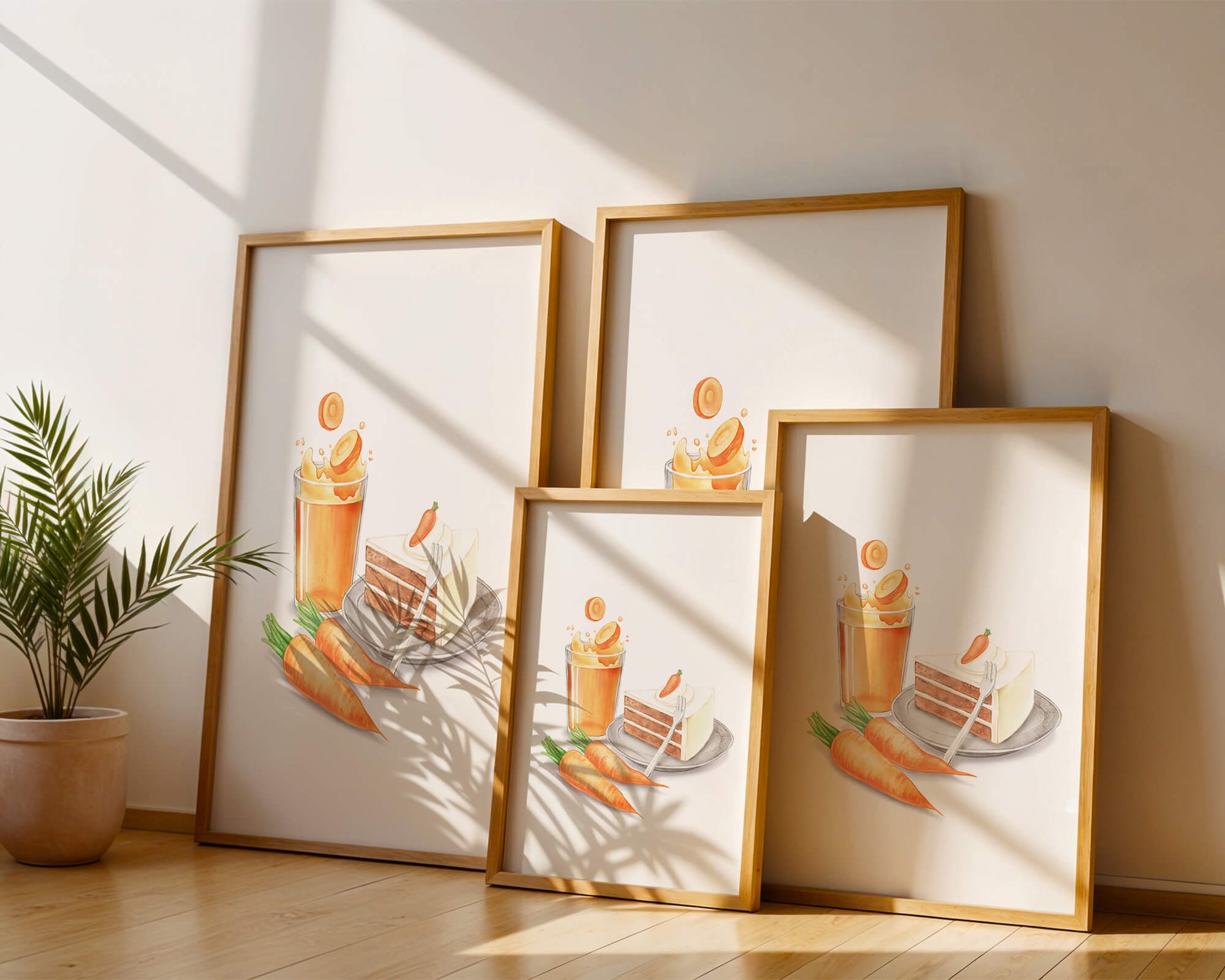 Illustration von Karottenkuchen und Saft mit frischen Karotten