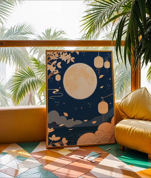 Full Moon Night with Lanterns and Falling Leaves in Tranquil Landscape