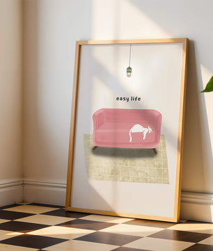 Minimalist Interior with Pink Sofa and Relaxed White Cat