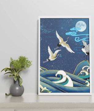 Una escena nocturna serena con grullas y olas al estilo del arte tradicional japonés