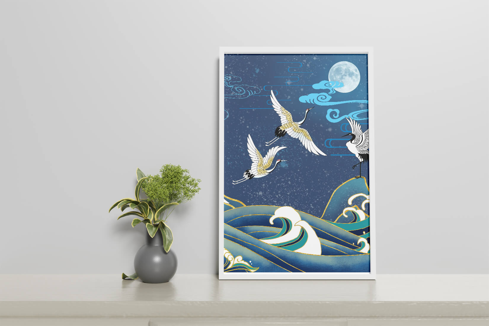 A Serene Night Scene with Cranes and Waves in Traditional Japanese Art Style