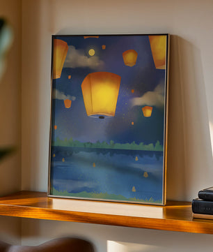 Lanterns Floating in Night Sky over Reflective Lake