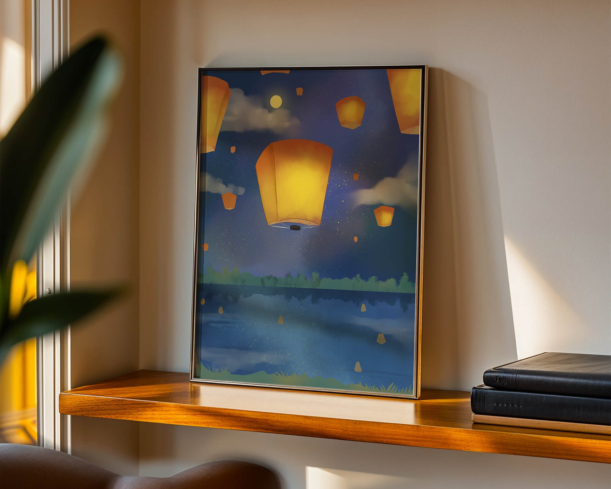 Lanterns Floating in Night Sky over Reflective Lake