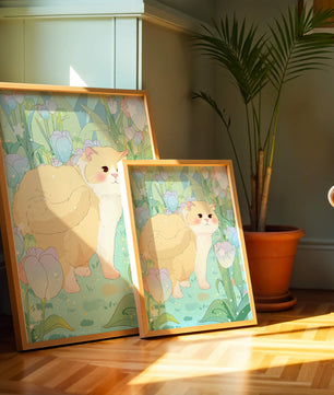 Charmante illustration d’un chat dans un jardin luxuriant de tulipes