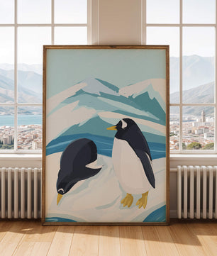 Gentoo penguins in an Antarctic landscape illustration