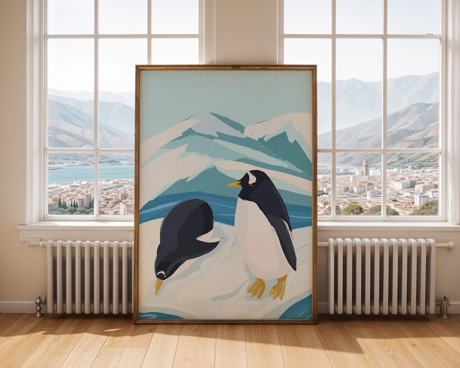 Gentoo penguins in an Antarctic landscape illustration