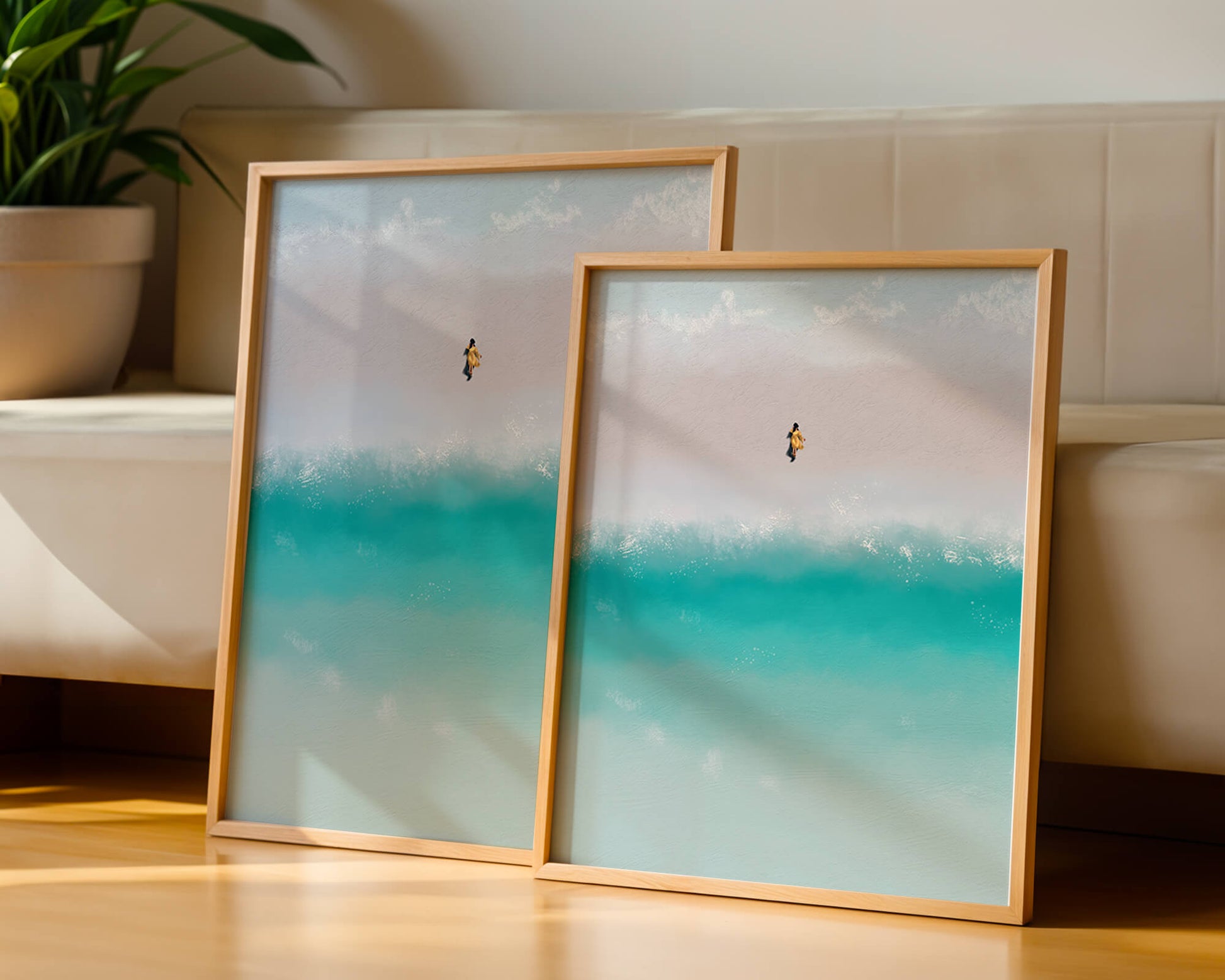 Serene beach with turquoise waves and solitary figure