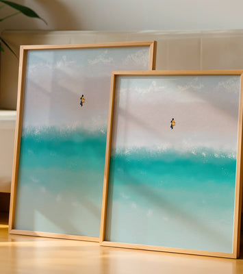 Serene beach with turquoise waves and solitary figure