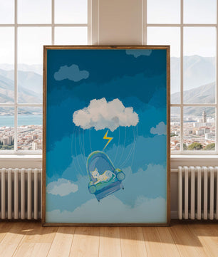 Gato soñador en un sillón flotante en un cielo nublado surrealista