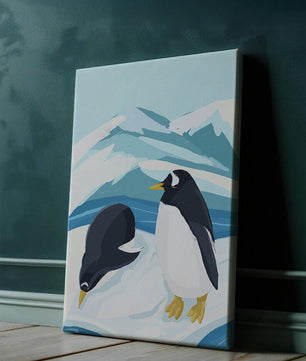 Gentoo penguins in an Antarctic landscape illustration