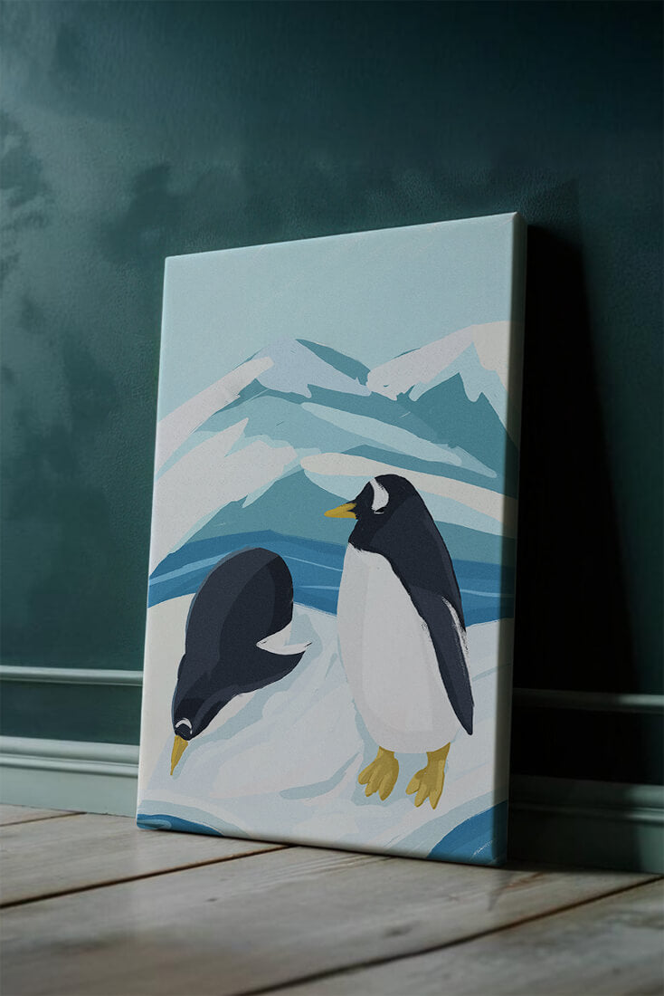 Gentoo penguins in an Antarctic landscape illustration