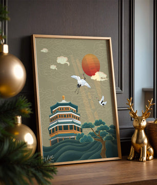 Traditional Asian art with cranes and temple at sunset