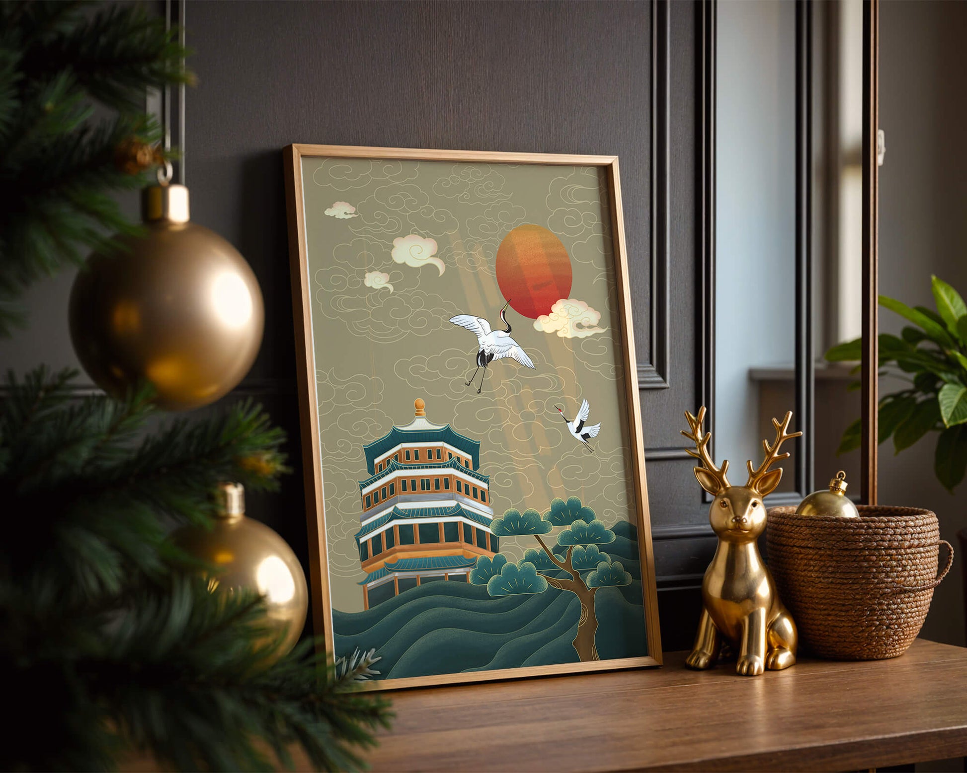 Traditional Asian art with cranes and temple at sunset