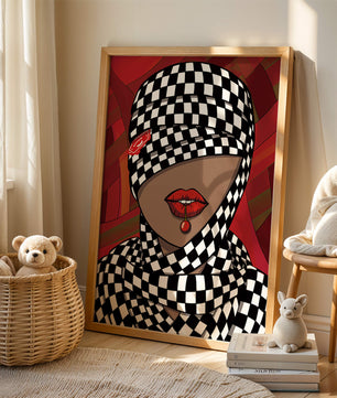 Abstract Art of Woman with Checkered Pattern and Red Lips - Mi tienda