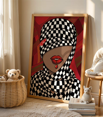 Abstract Art of Woman with Checkered Pattern and Red Lips