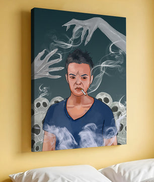 A Person Surrounded by Smoke and Ghostly Hands with Skulls in the Background