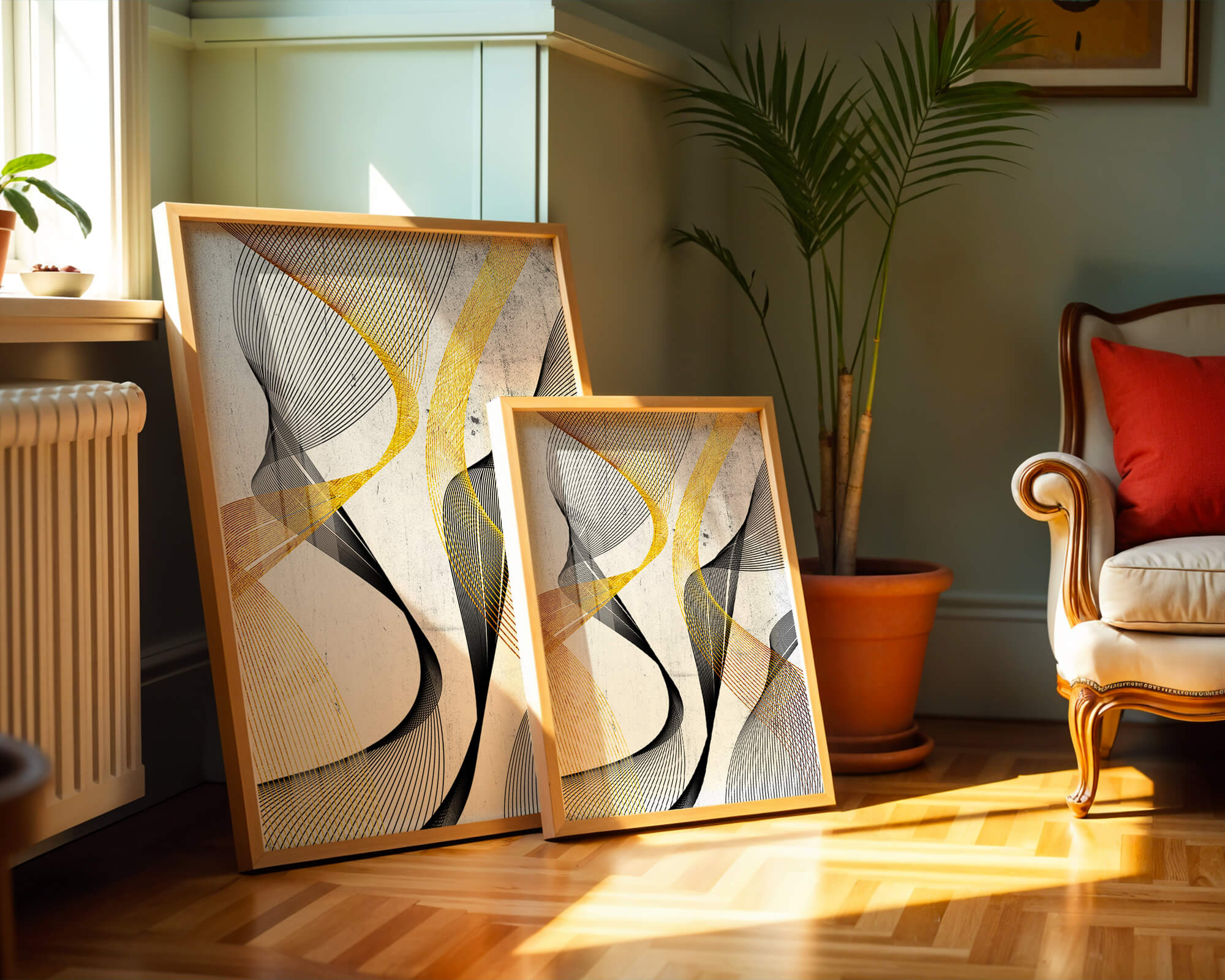 Abstract dynamic lines with golden and black swirls on textured background