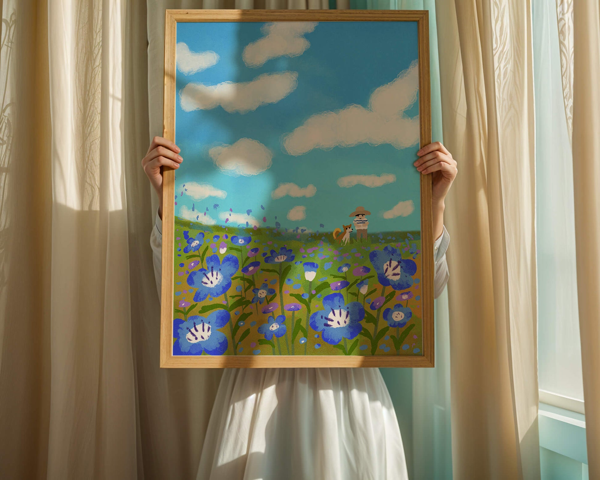Man and dog in vibrant flower meadow under blue sky