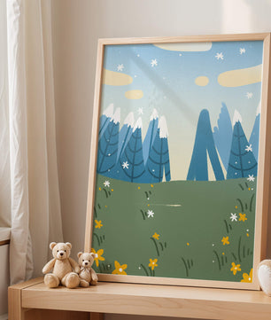 Landschaft mit schneebedeckten Bergen und Blumen im Cartoon-Stil
