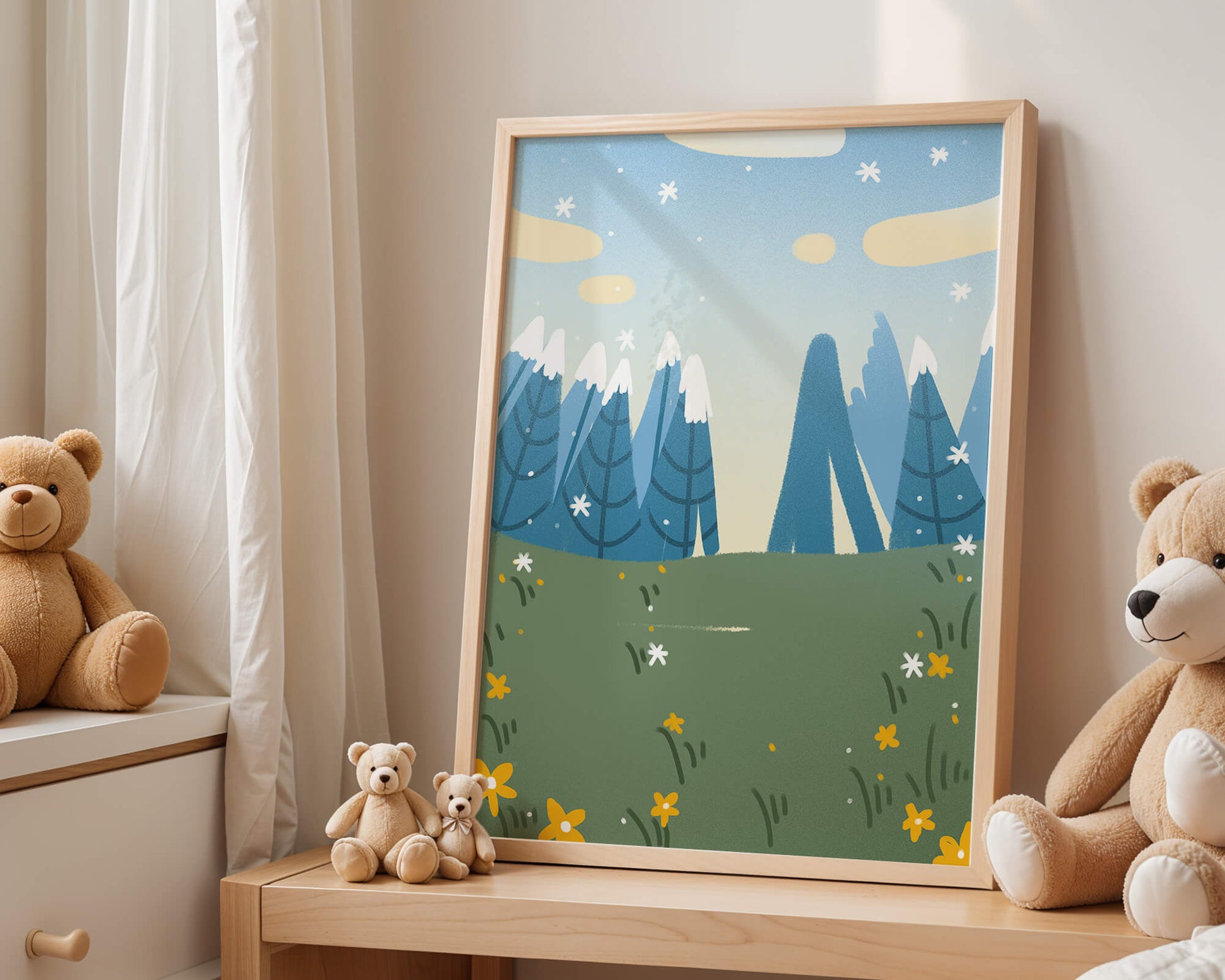 Landschaft mit schneebedeckten Bergen und Blumen im Cartoon-Stil