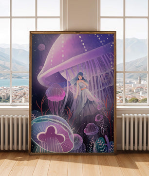 Underwater Fantasy Scene with Jellyfish and Girl
