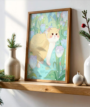 Charmante illustration d’un chat dans un jardin luxuriant de tulipes