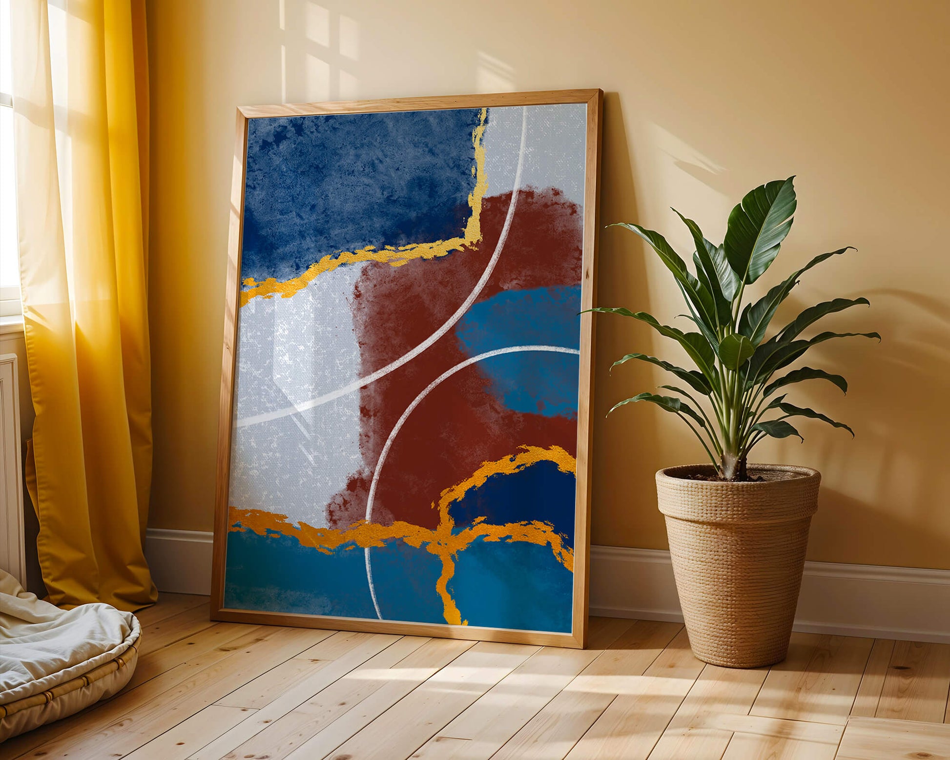 Abstract painting with gold accents and geometric elements