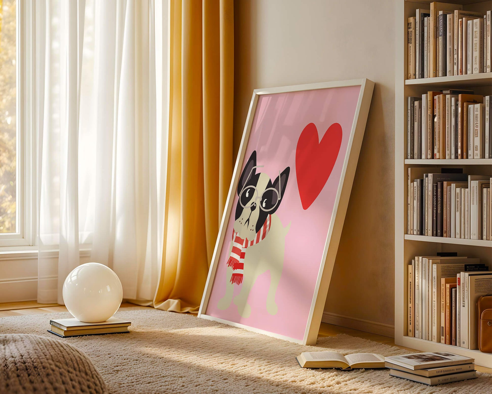 Ilustración lúdica de un bulldog francés con gafas y bufanda sobre fondo rosa con corazón