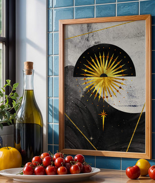 Abstract cosmic design featuring golden sunburst and celestial elements