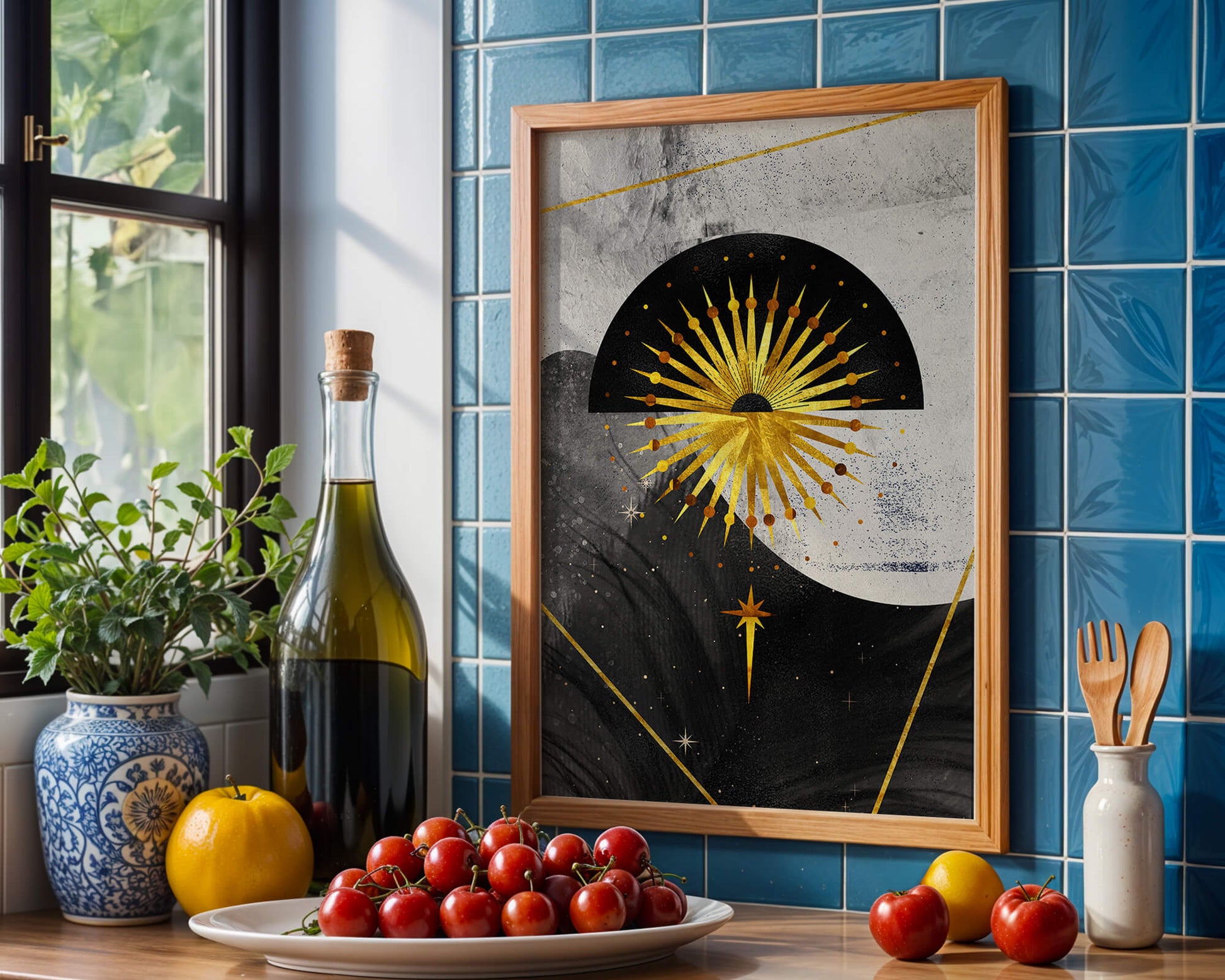 Abstract cosmic design featuring golden sunburst and celestial elements