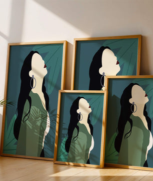 Stylized artwork of a woman with dark hair and earrings against a tropical leaf backdrop