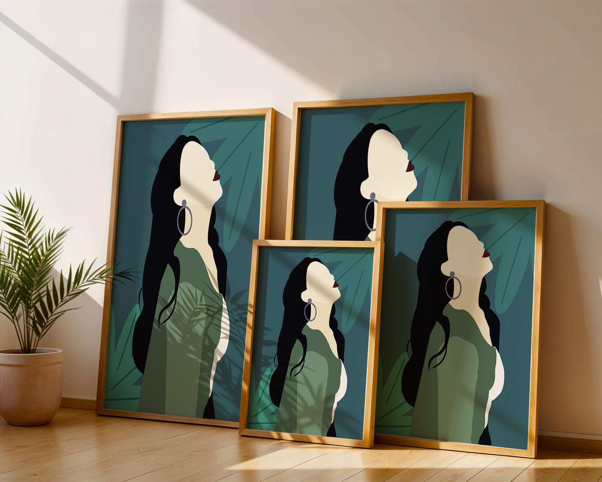 Stylized artwork of a woman with dark hair and earrings against a tropical leaf backdrop