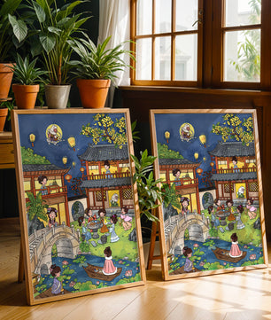 Traditional Chinese Garden Scene with Lanterns and Moon Rabbit