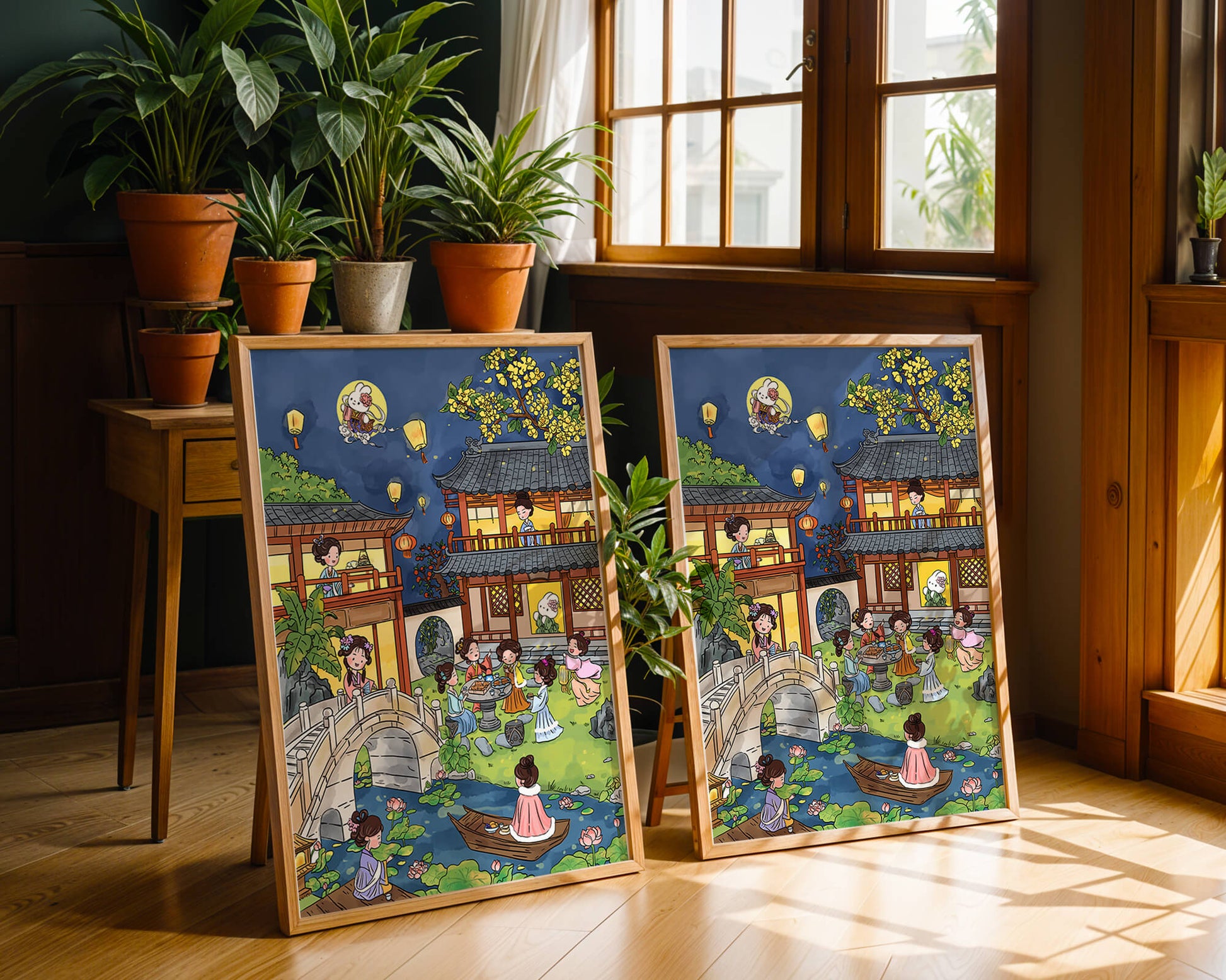 Escena de jardín chino tradicional con linternas y conejo lunar